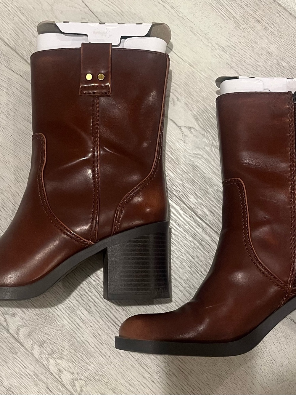 INC  Brown Leather Mid-Calf Block Heel Boots